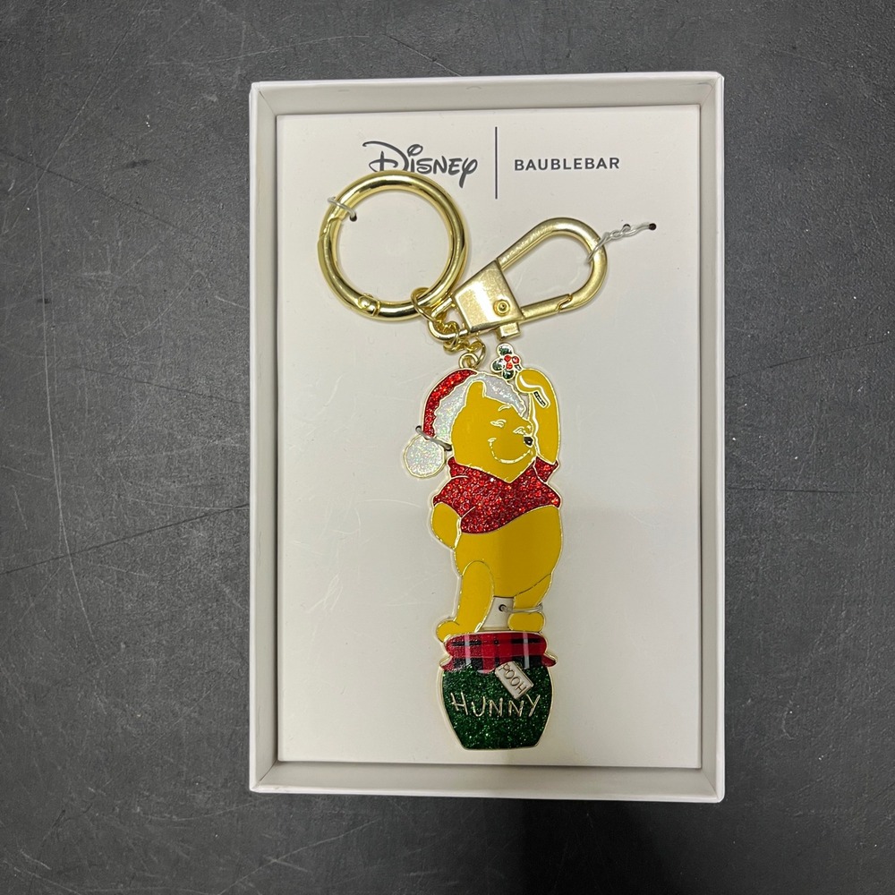NIB Disney Baublebar Winnie Pooh Christmas Hunny Pot Bag Charm KeyRing Gold Tone
